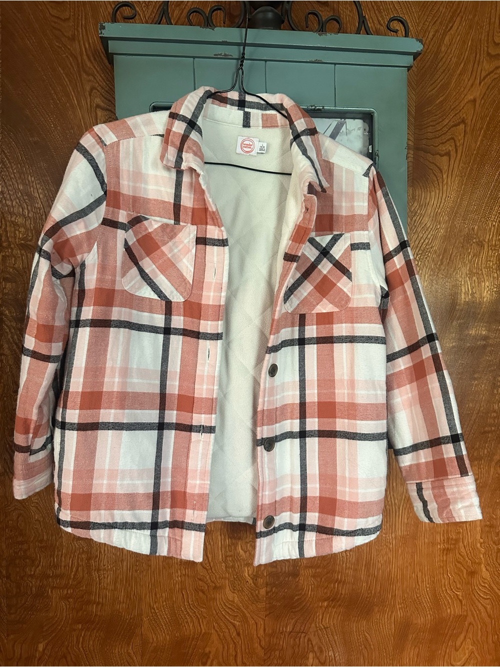 wonder nation Pink & White Plaid Sherpa-Lined Shacket